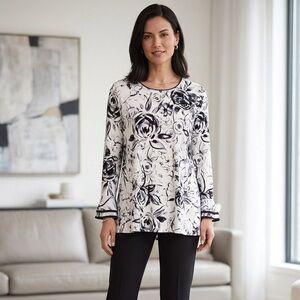 NWT Karl Lagerfeld Paris Floral Bell Sleeve Tunic Blouse XL Black White